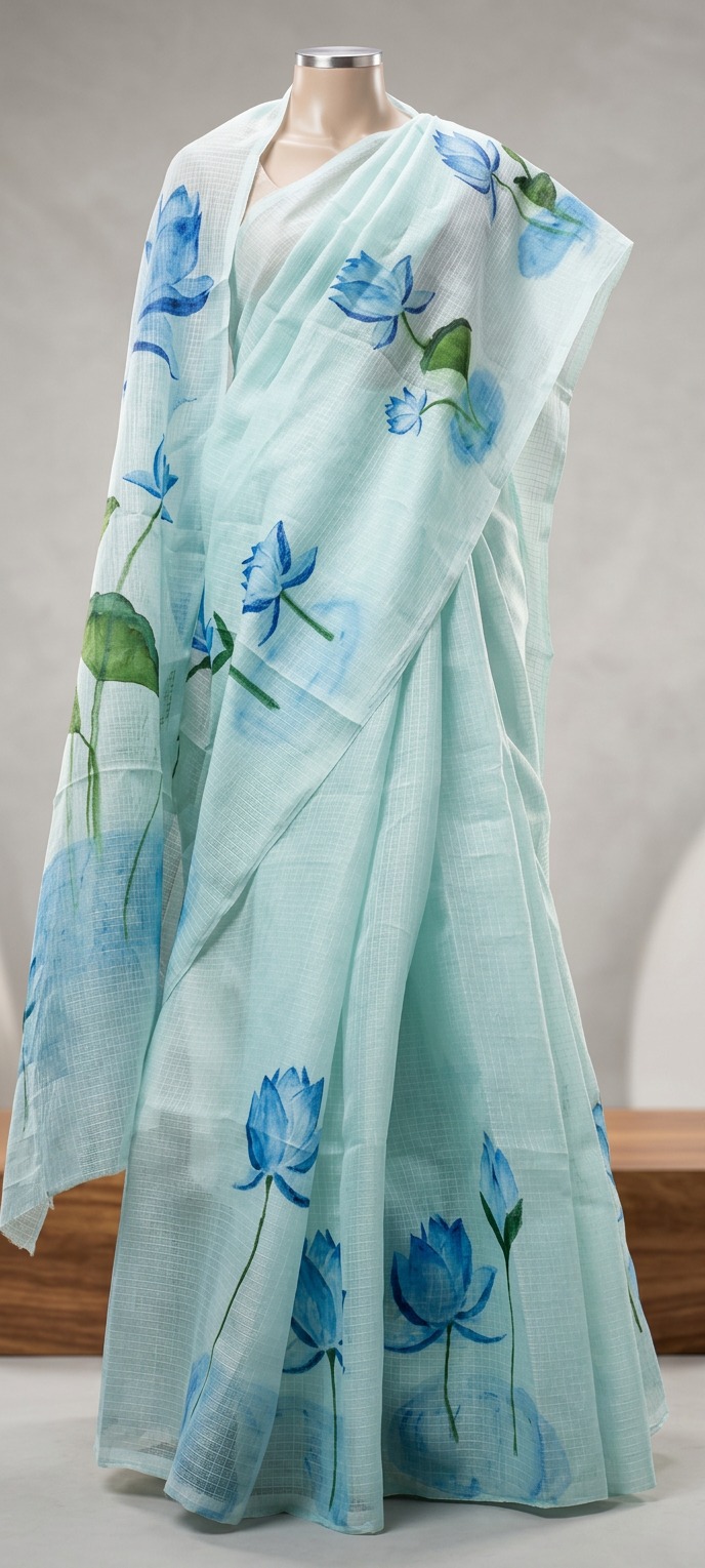Blue Lotus hand-painted Kotta saree front view