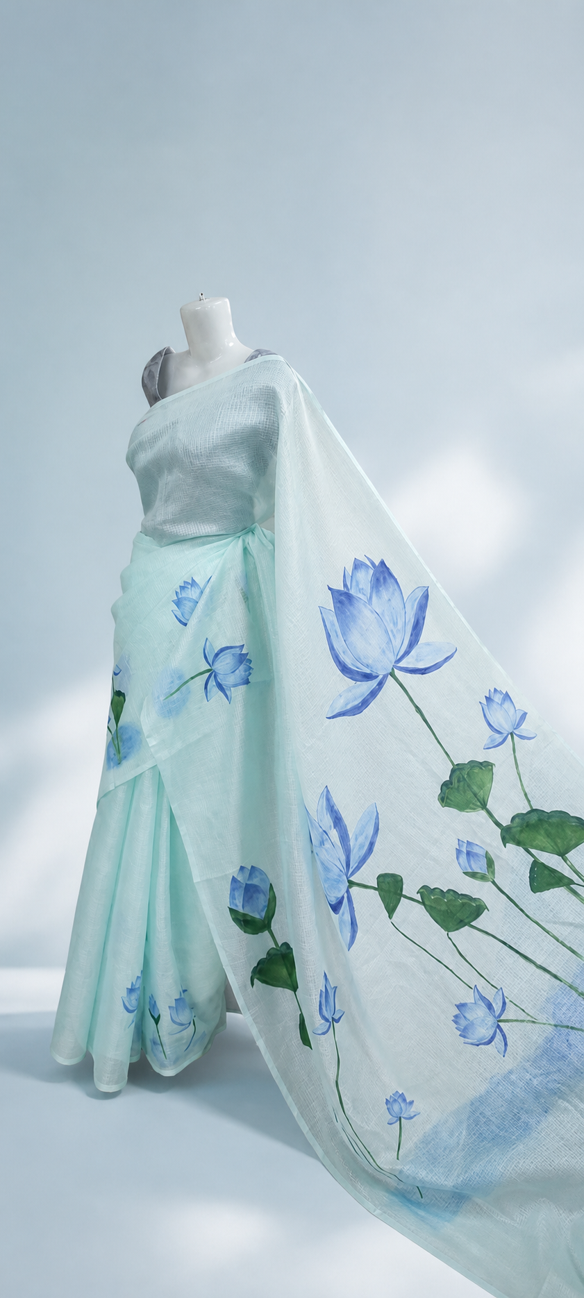 Blue Lotus Kotta saree with hand-painted lotus pallu