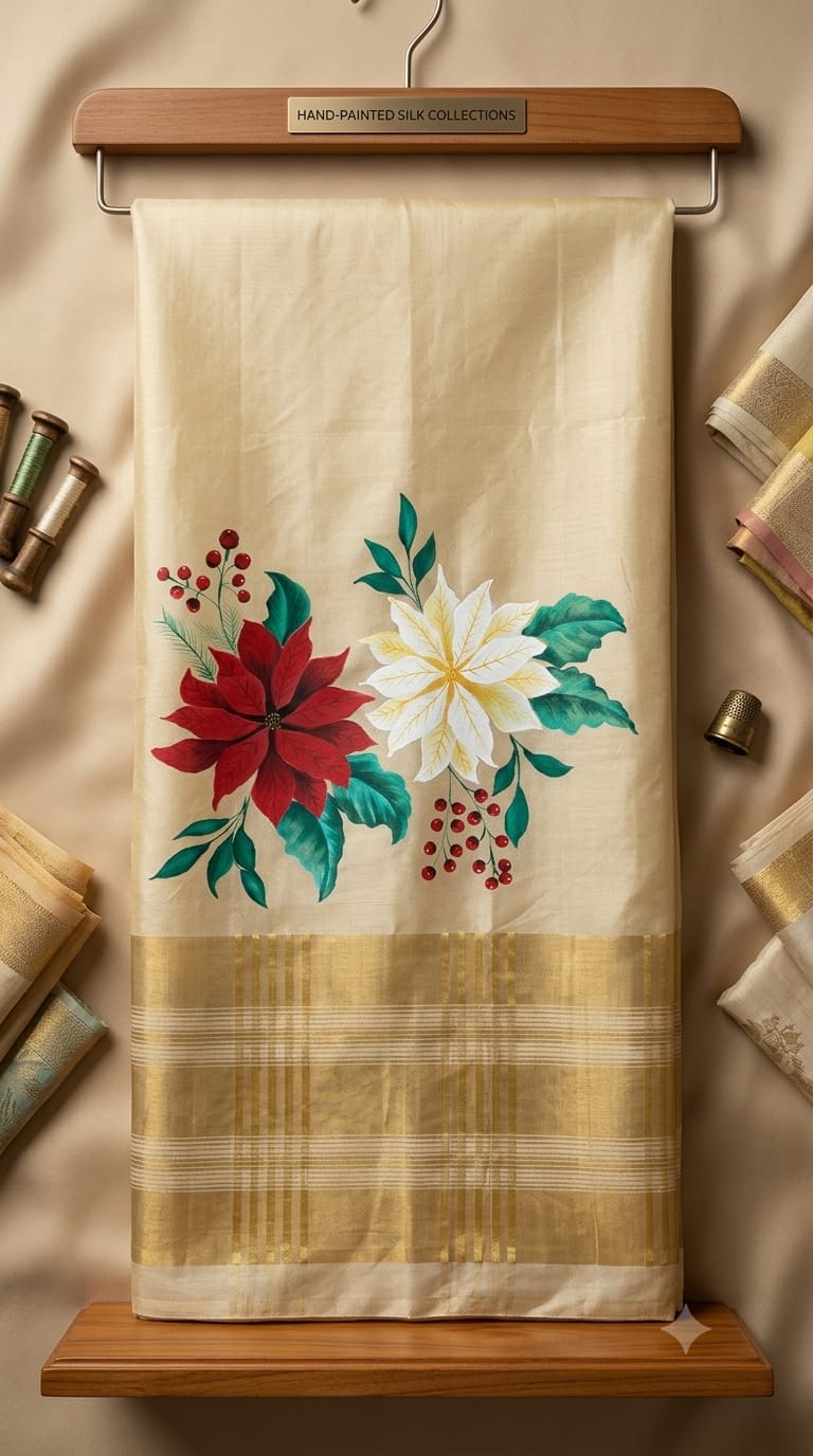 Golden Floral Saree pallu with hand-painted red and white flowers