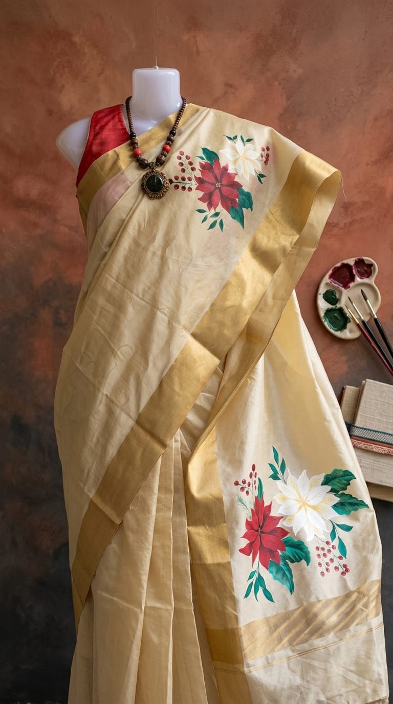 Golden Floral Saree styled on a mannequin