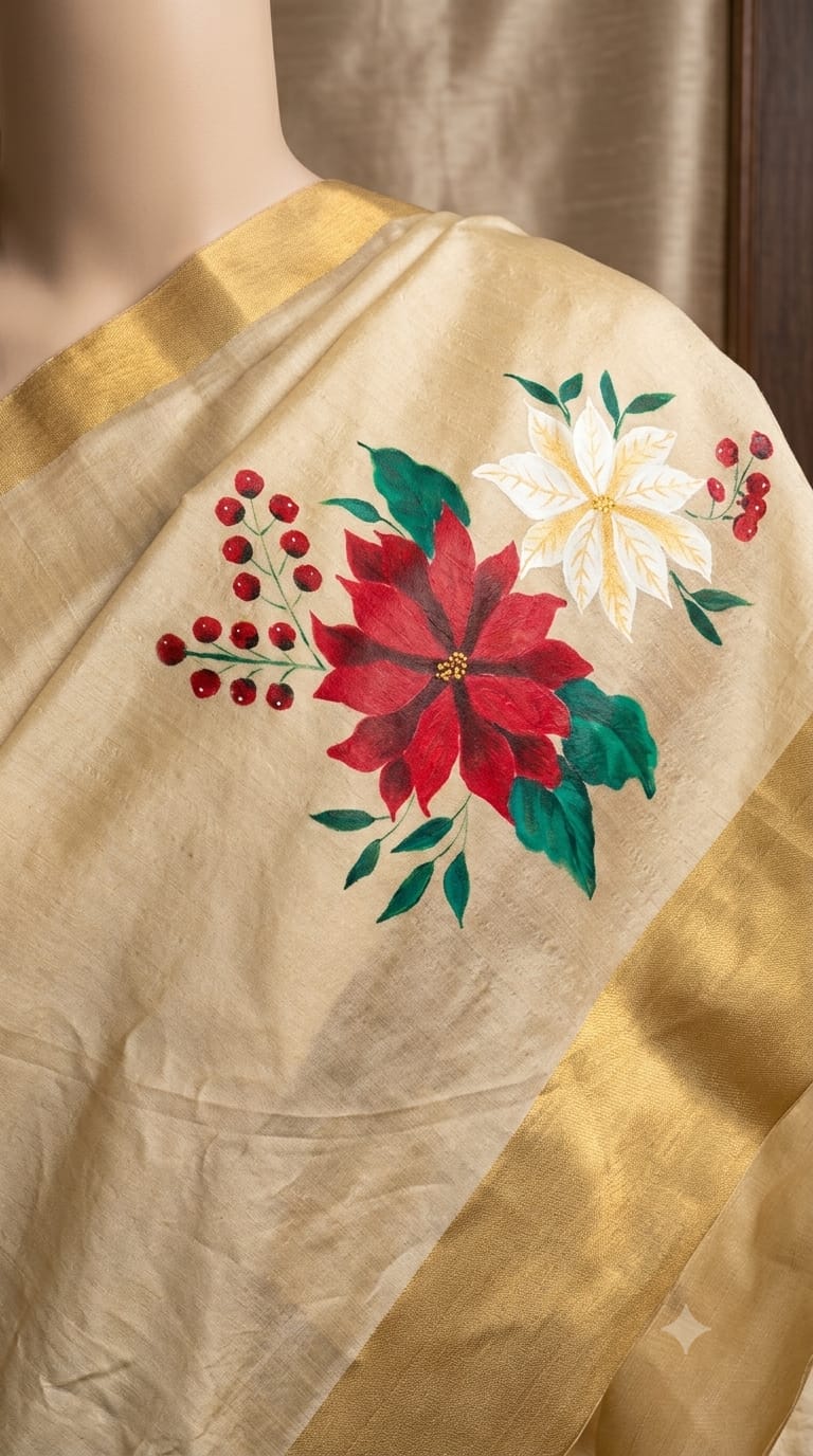 Close view of the hand-painted floral motif and gold border