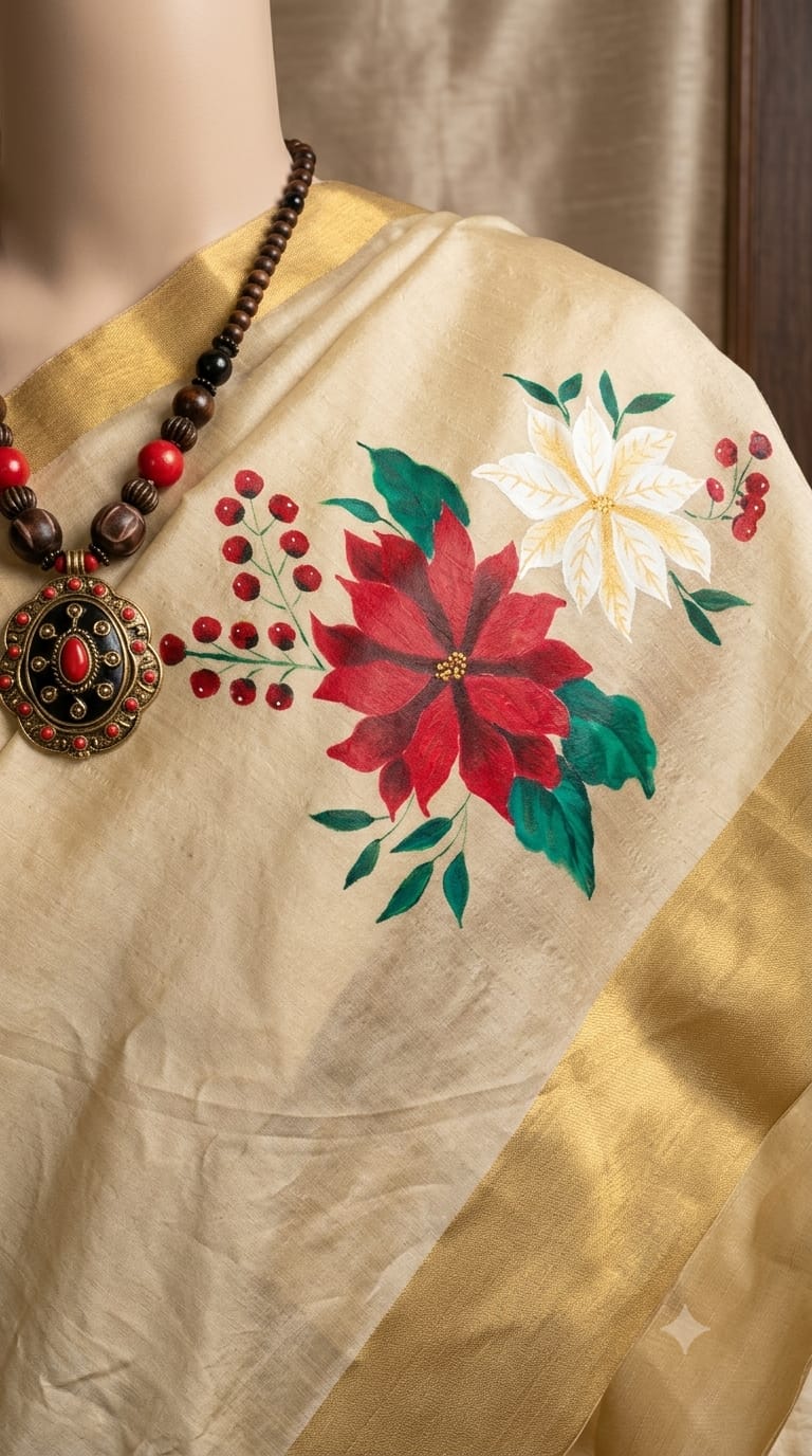 Detailed view of the floral motif with necklace styling