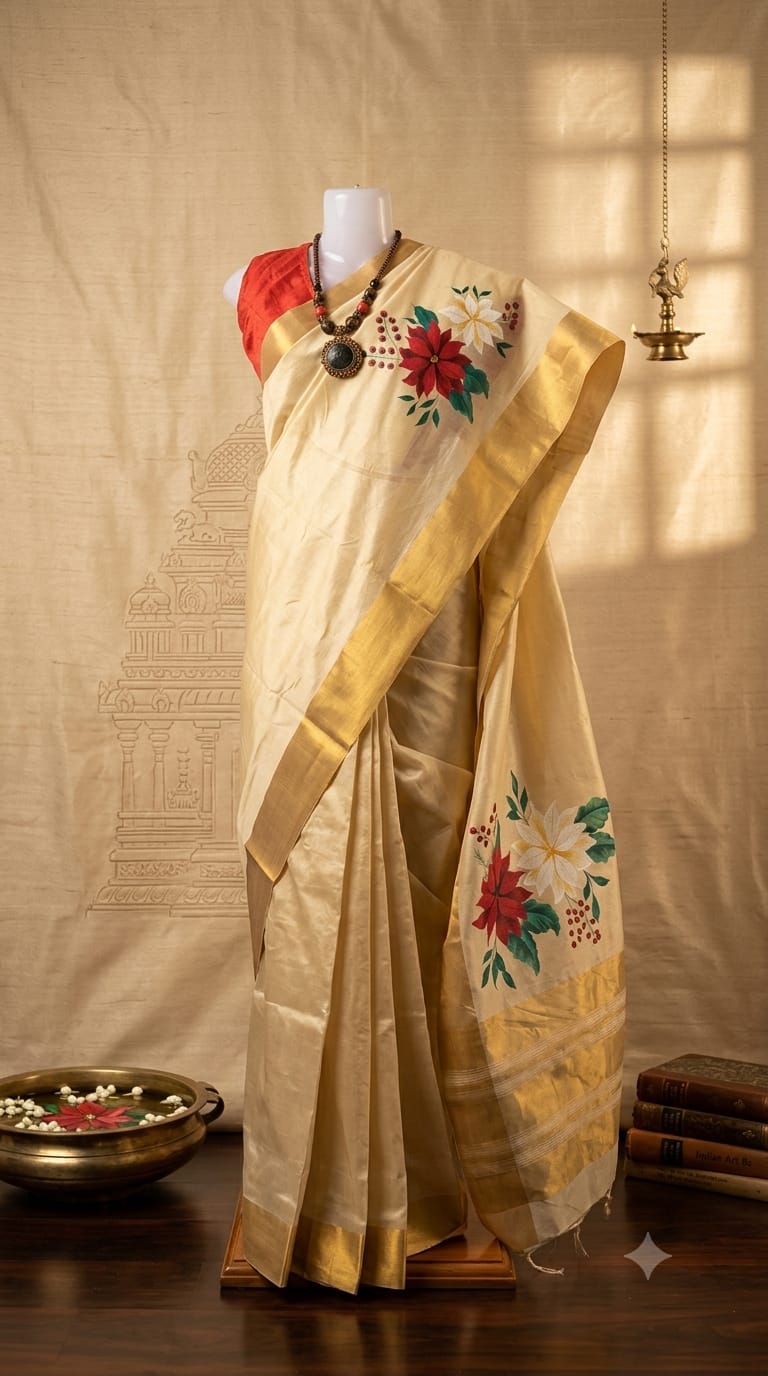 Golden Floral Saree styled in a warm traditional setting