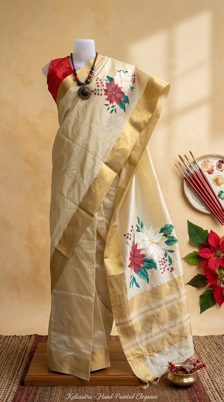 Golden Floral Saree with artist tools and floral accents