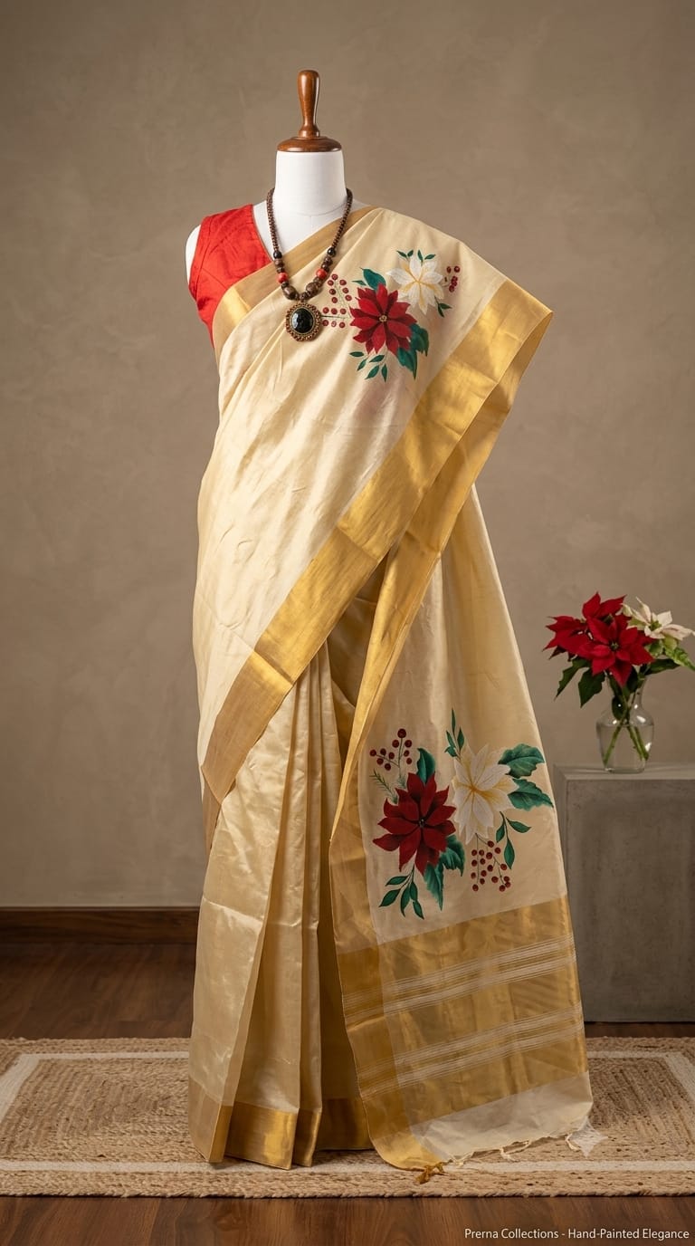Golden hand-painted saree with red and white floral motifs