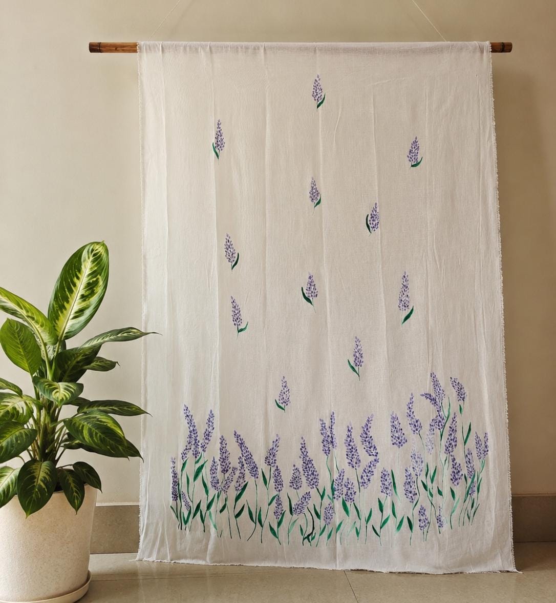 White churidar top material hand-painted with lavender flowers