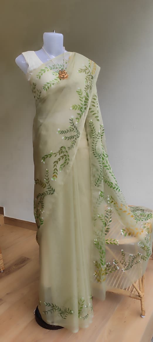 Olive green organza saree full length view