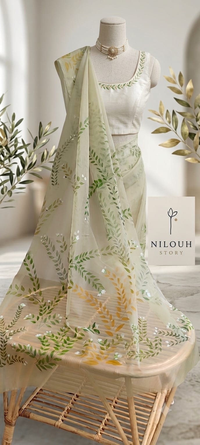 Olive green hand-painted organza saree with botanical leaf motifs