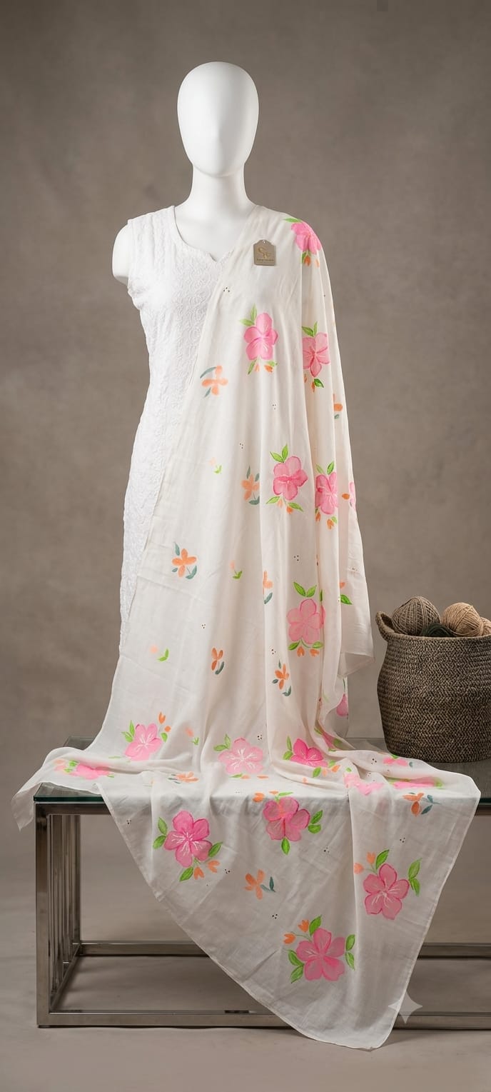 Raahi white hand-painted dupatta styled on a mannequin